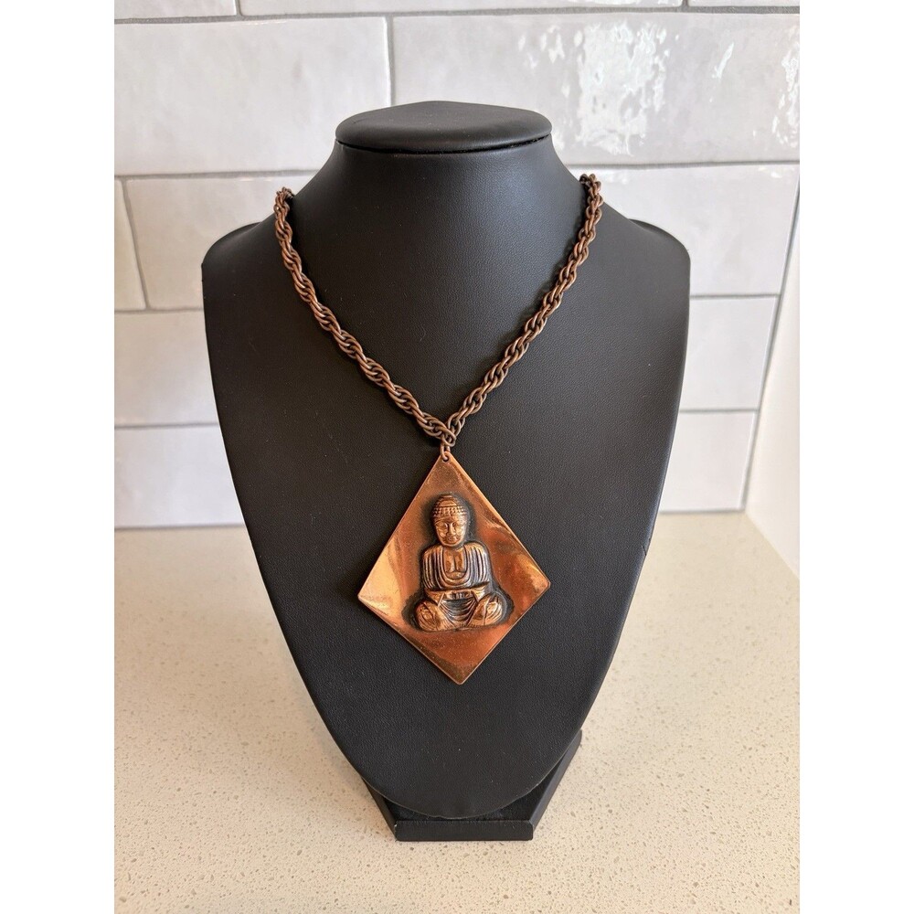 Vintage MCM Copper Buddha Necklace Oversized Pendant Mid Century Modernist